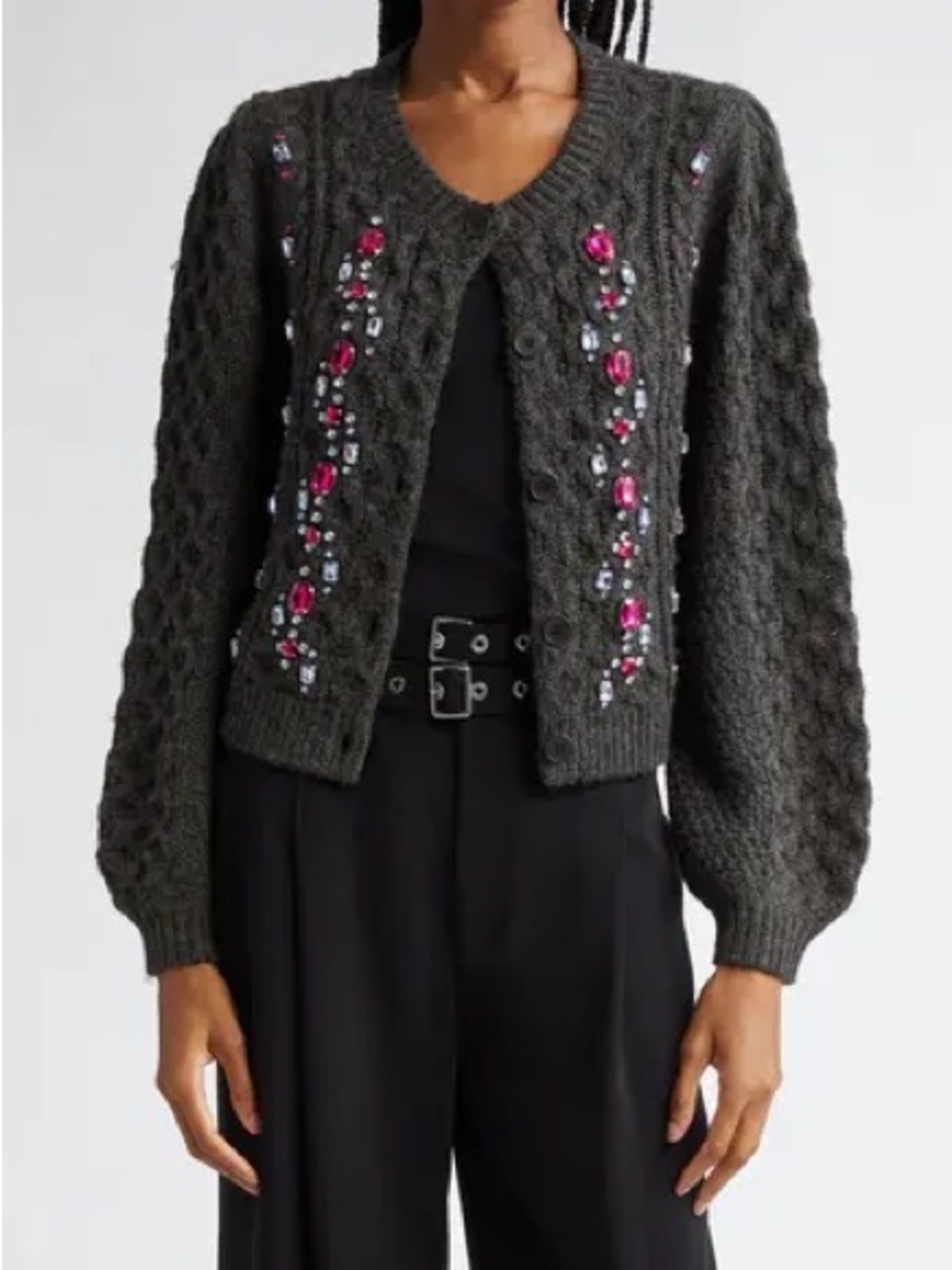 Cinq a Sept Joelle Embellished Cable Stitch Cardigan Sweater Womens Small Wool